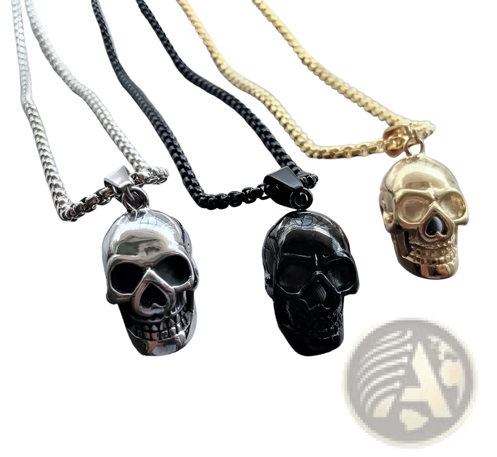Punk skull pendant titanium steel necklaces in silver black and gold finishes for men and women