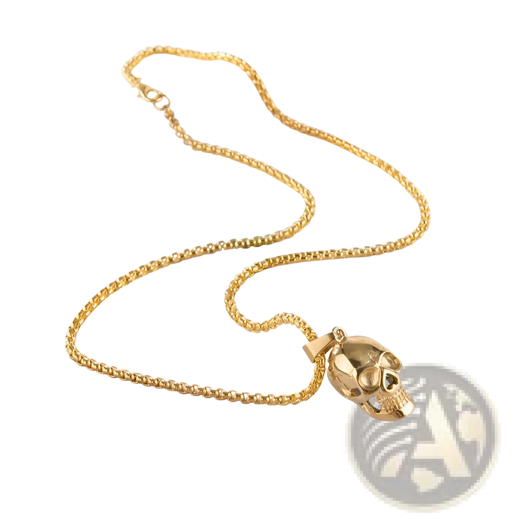 Gold-colored punk skull pendant necklace with textured titanium steel chain for men and women