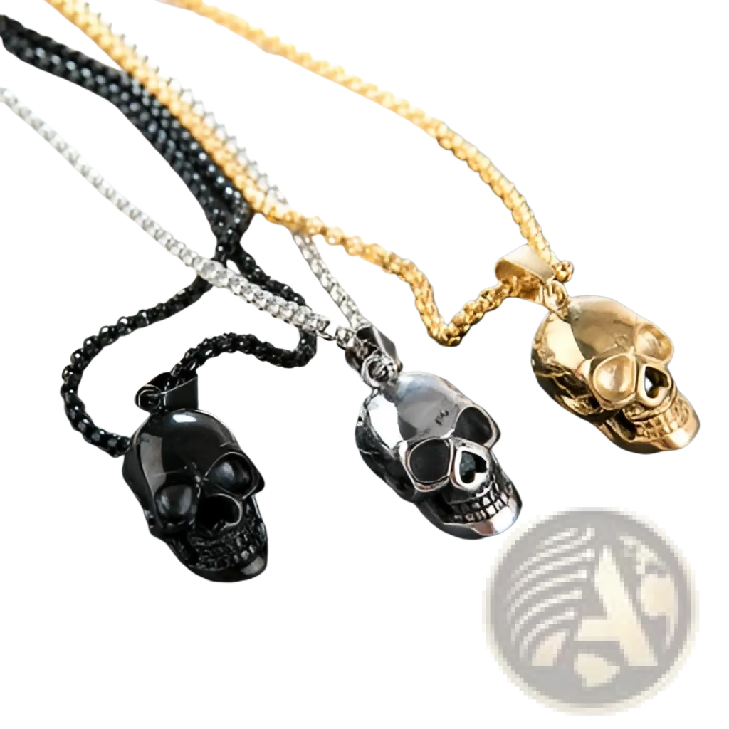 Three skull-shaped pendant necklaces in black silver and gold finishes made of titanium steel for men and women