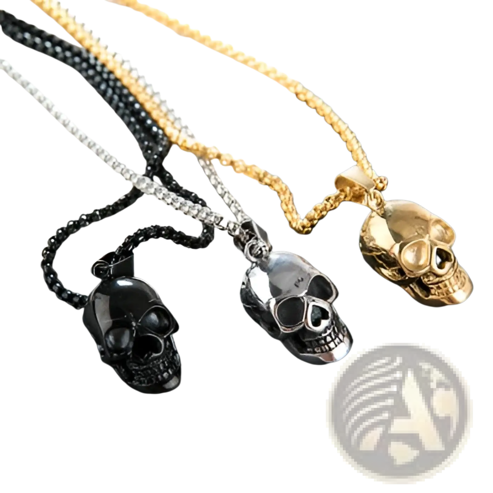Three skull-shaped pendant necklaces in black silver and gold finishes made of titanium steel for men and women