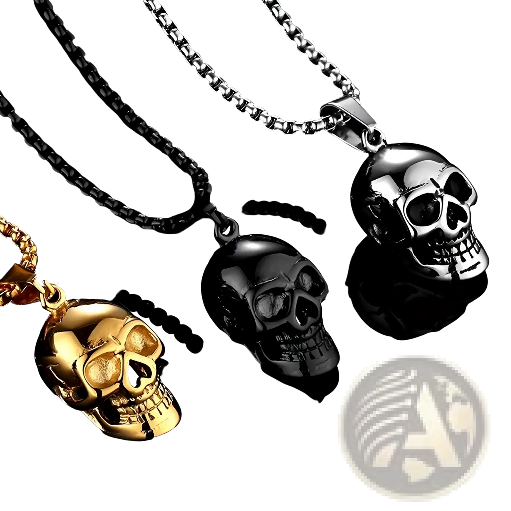 Three skull-shaped pendant necklaces in gold black and silver titanium steel for men and women punk style