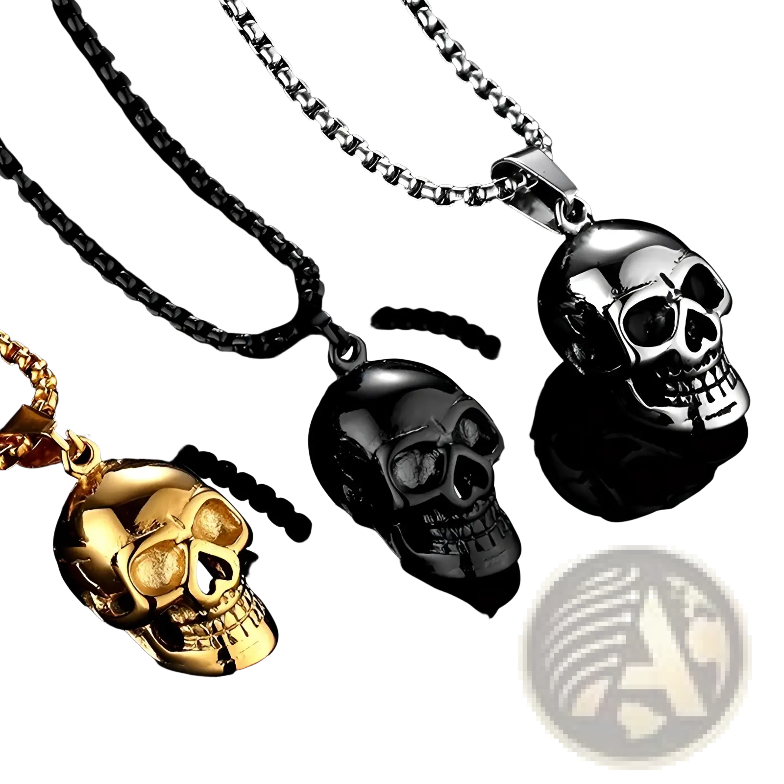 Three skull-shaped pendant necklaces in gold black and silver titanium steel for men and women punk style