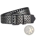 Punk square studded black leather belt unisex featuring rows of silver-toned square studs and matching metal buckle