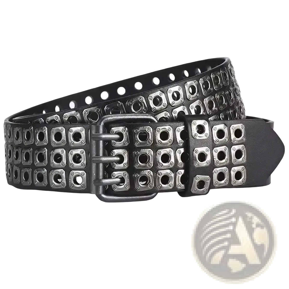 Punk square studded black leather belt unisex featuring rows of silver-toned square studs and matching metal buckle
