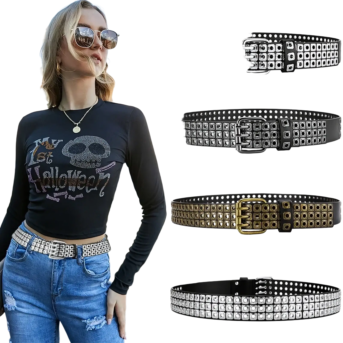 Punk square studded black leather belt unisex with silver gunmetal and gold toned square studs on the buckle area