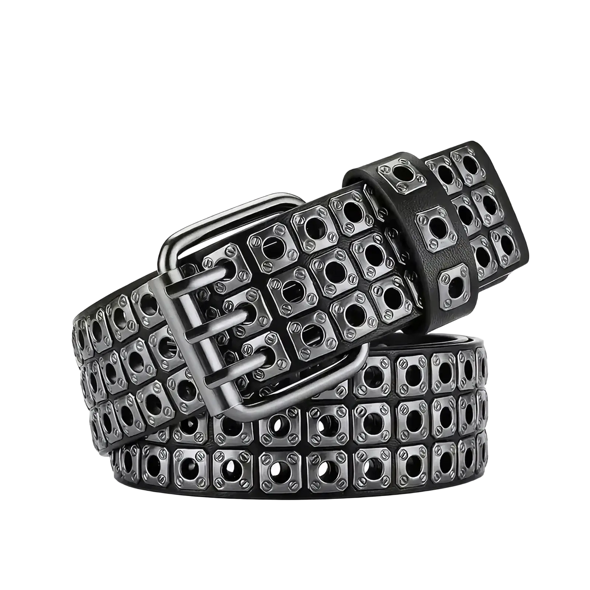 Punk square studded black leather belt unisex featuring a grid of silver-toned square studs and metallic buckle