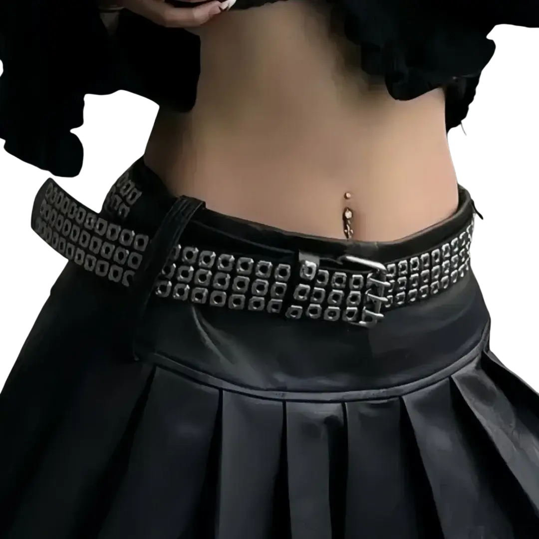 Black leather belt unisex with silver toned square studs and matching metallic buckle for punk style fashion