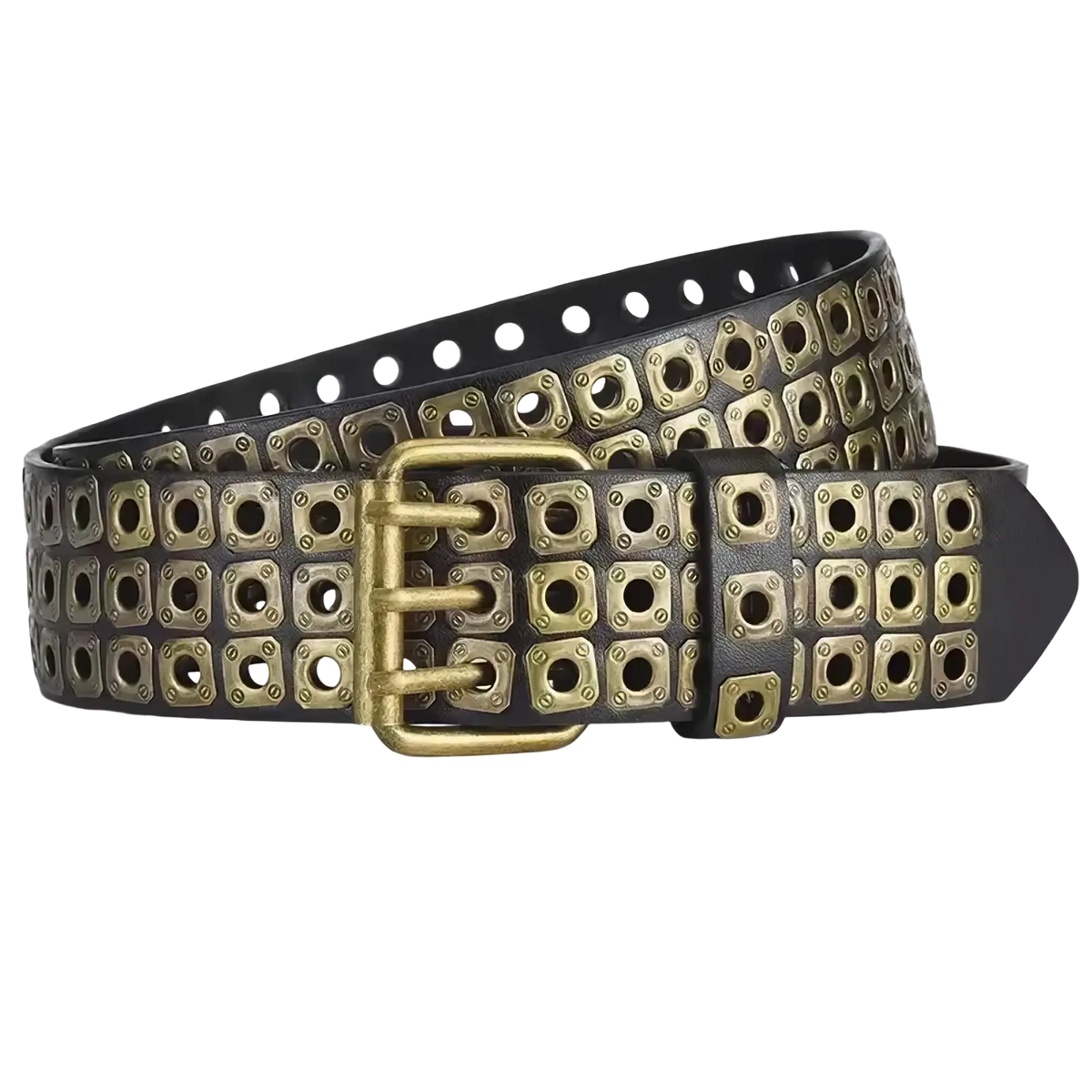 Punk square studded black leather belt unisex featuring gold toned square metal studs and a brass buckle