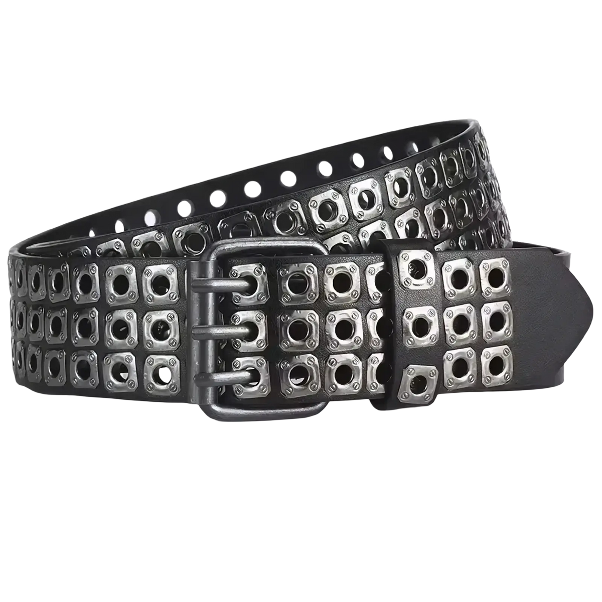 Punk square studded black leather belt unisex featuring rows of silver-toned square studs and matching metal buckle