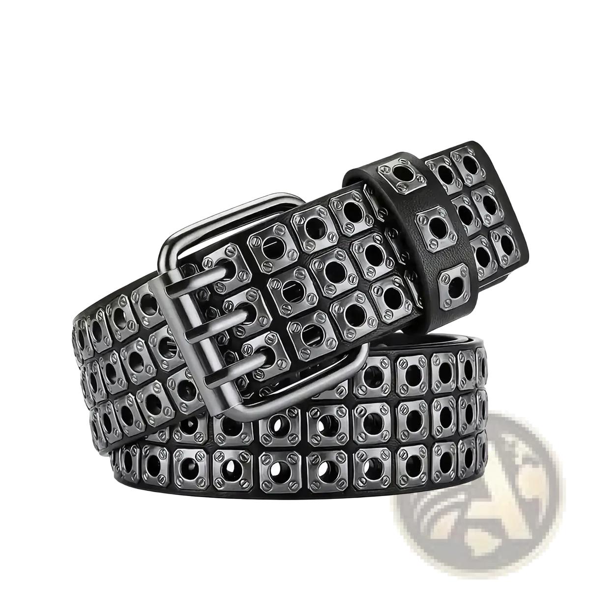 Punk square studded black leather belt unisex featuring a grid of silver-toned square studs and metallic buckle