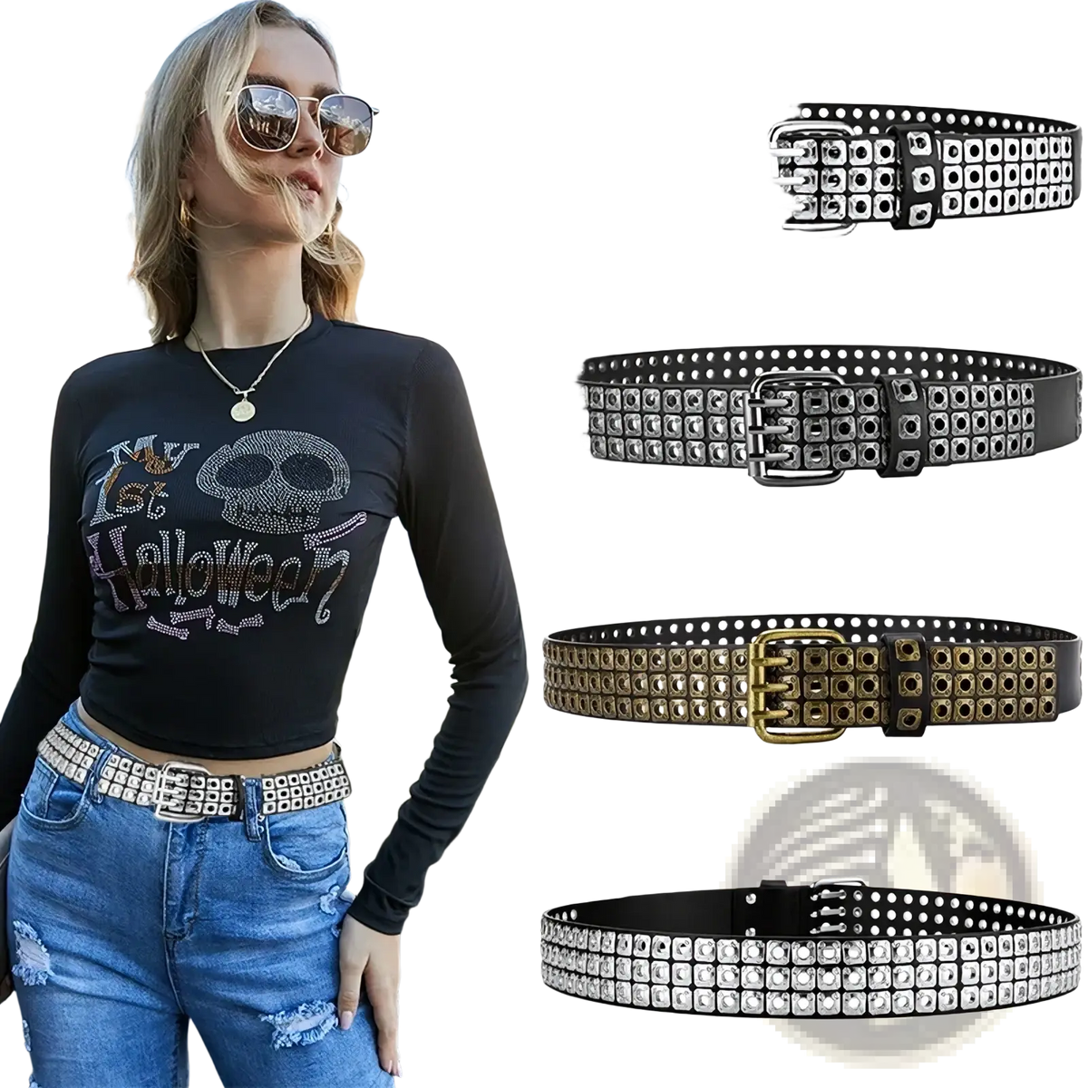 Punk square studded black leather belt unisex with silver gunmetal and gold toned square studs on the buckle area