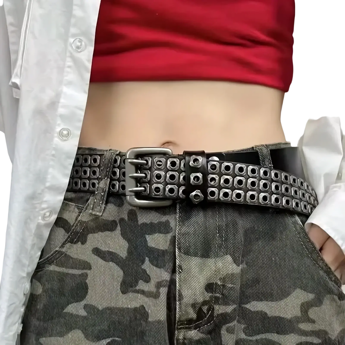 Punk square studded black leather belt with silver-toned buckle and multiple rows of square metal studs unisex