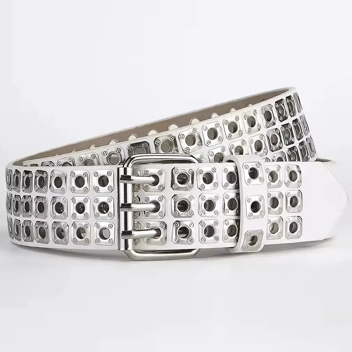 White leather punk belt unisex with silver square studs and triple-prong buckle for edgy fashion look