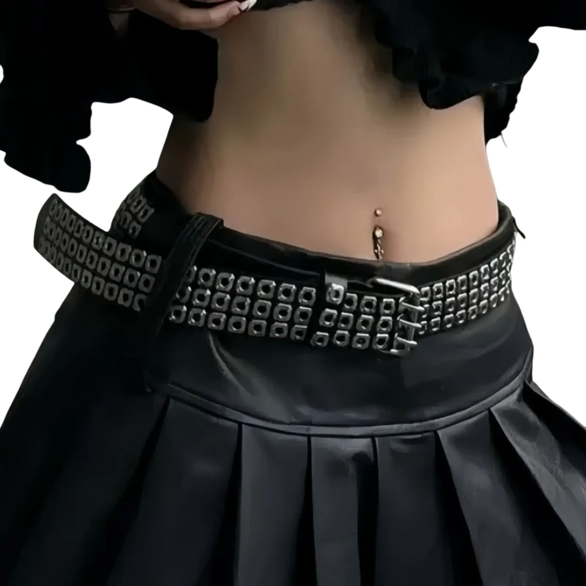 Black leather punk square studded belt with silver-toned square studs and matching metallic buckle