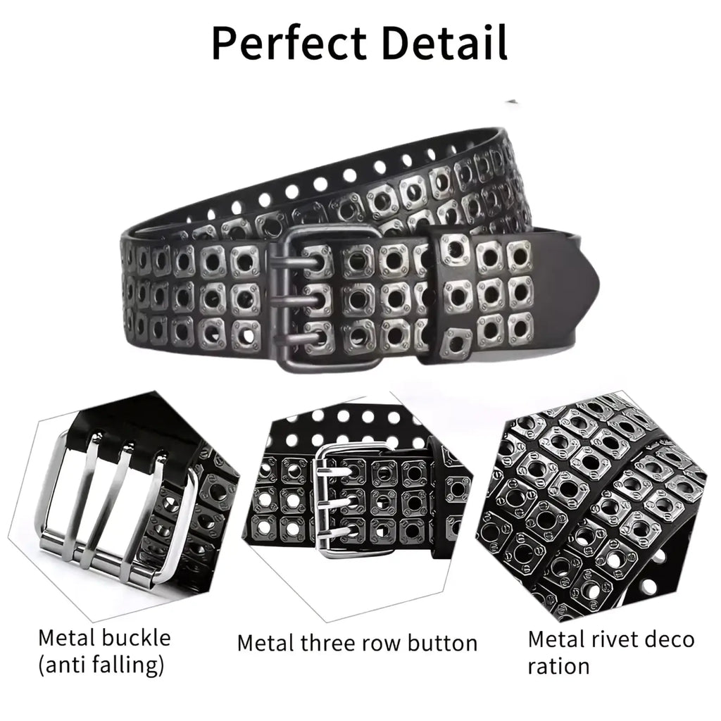Punk square studded leather belt in black with silver rivets and a sturdy triple-pronged metal buckle