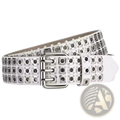 White leather punk belt with silver square studs and a triple-prong buckle for edgy fashion styles