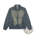 A dark blue punk wash denim jacket for men with a faded distressed look and two front zipper pockets