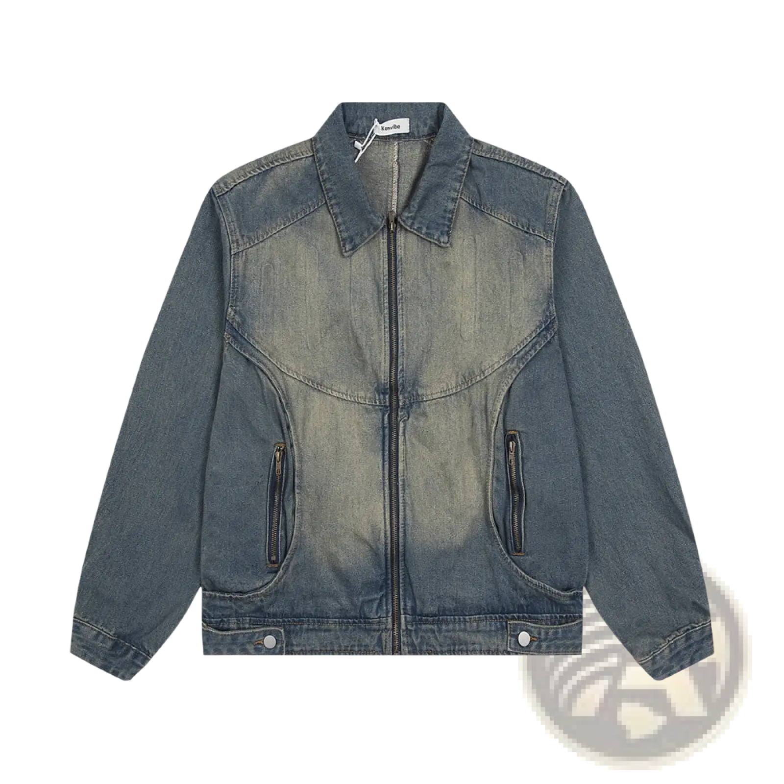 A dark blue punk wash denim jacket for men with a faded distressed look and two front zipper pockets