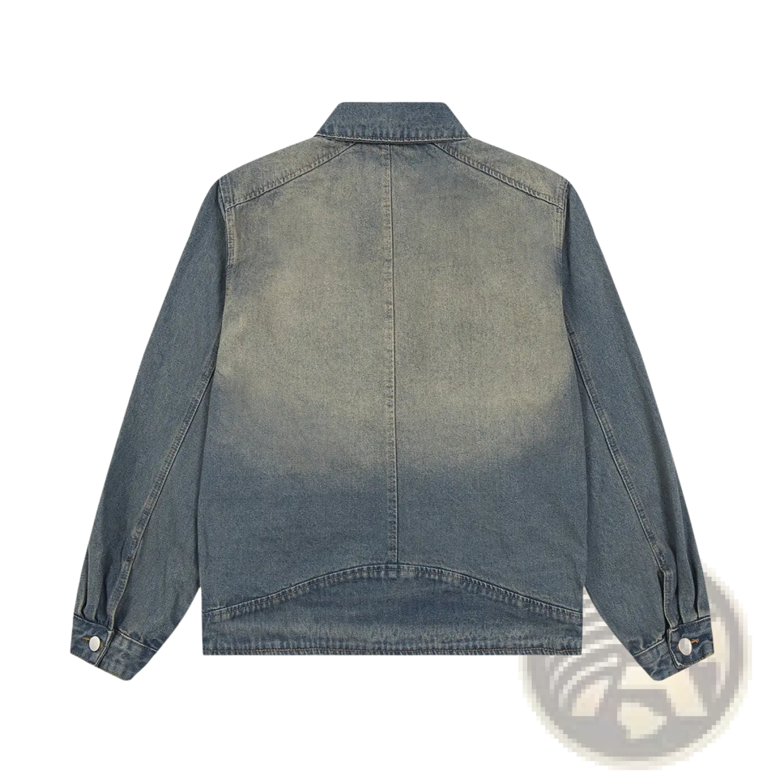 A faded blue denim punk wash jacket for men shown from the back with a subtle gradient fade across the fabric