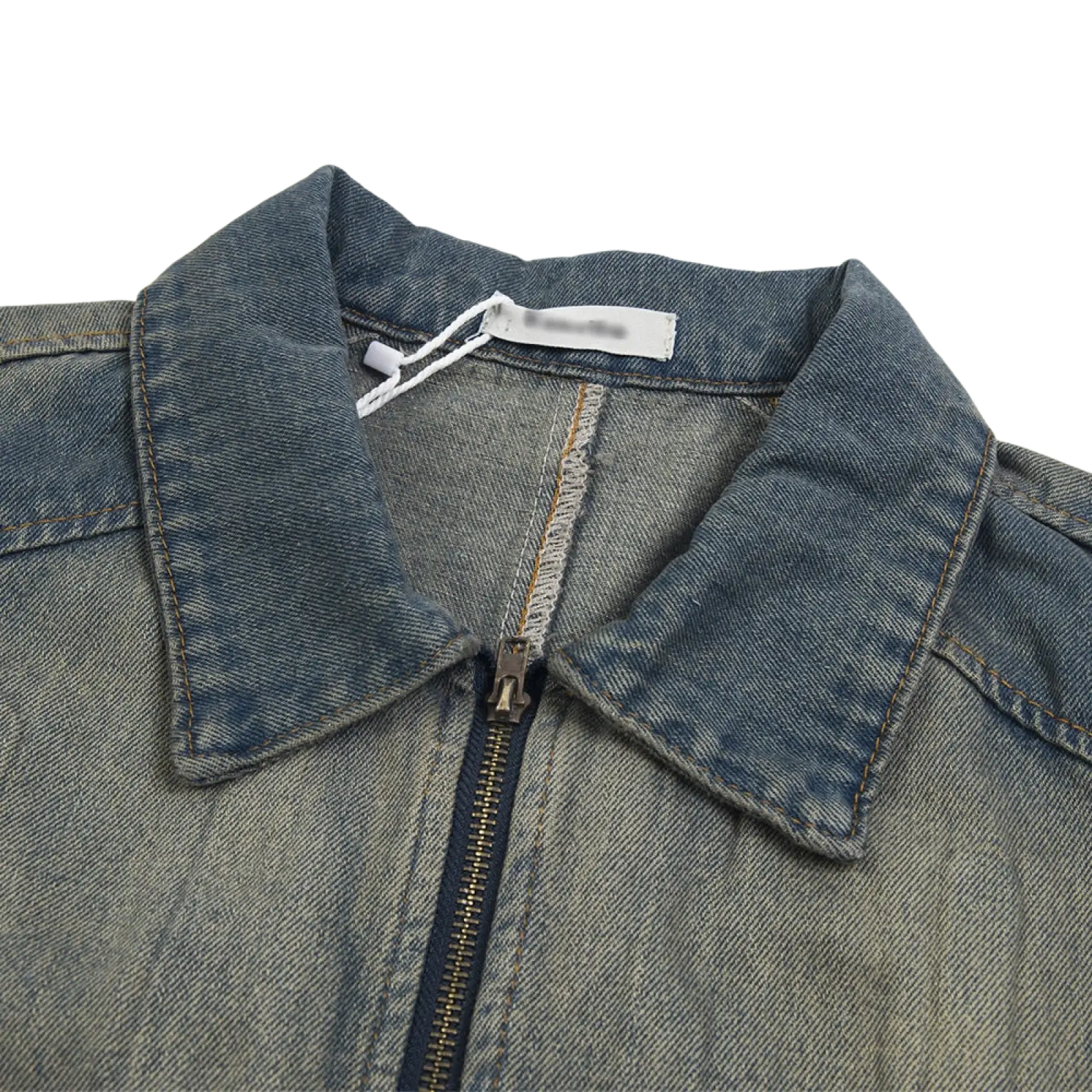 A medium-wash punk wash denim jacket for men with a classic collar and front zipper closure