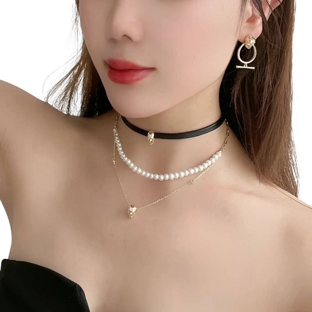 Black choker necklace with small gold zirconium skull pendant from punk zirconium skull y-shaped pearl necklace set