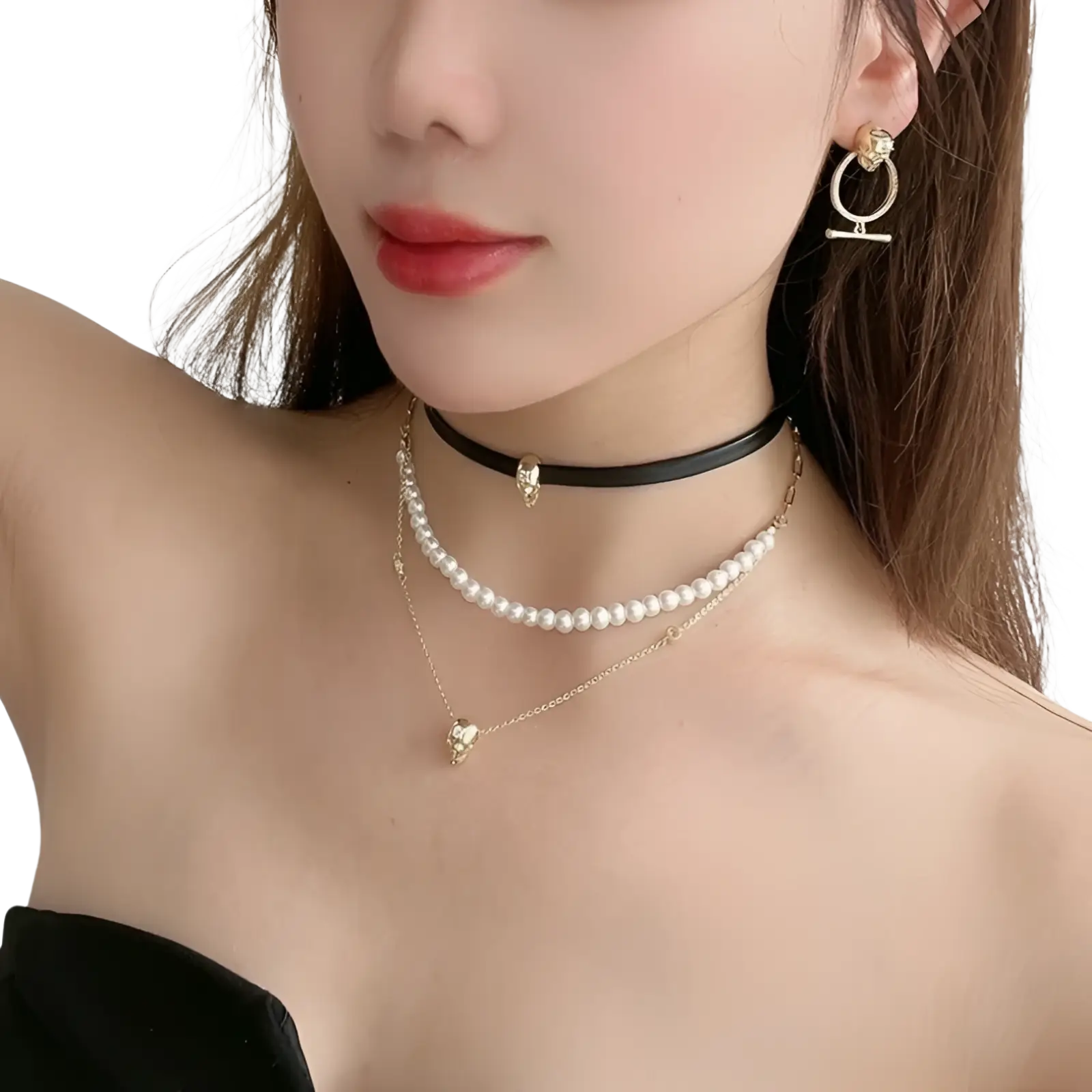 Black choker necklace with small gold zirconium skull pendant from punk zirconium skull y-shaped pearl necklace set