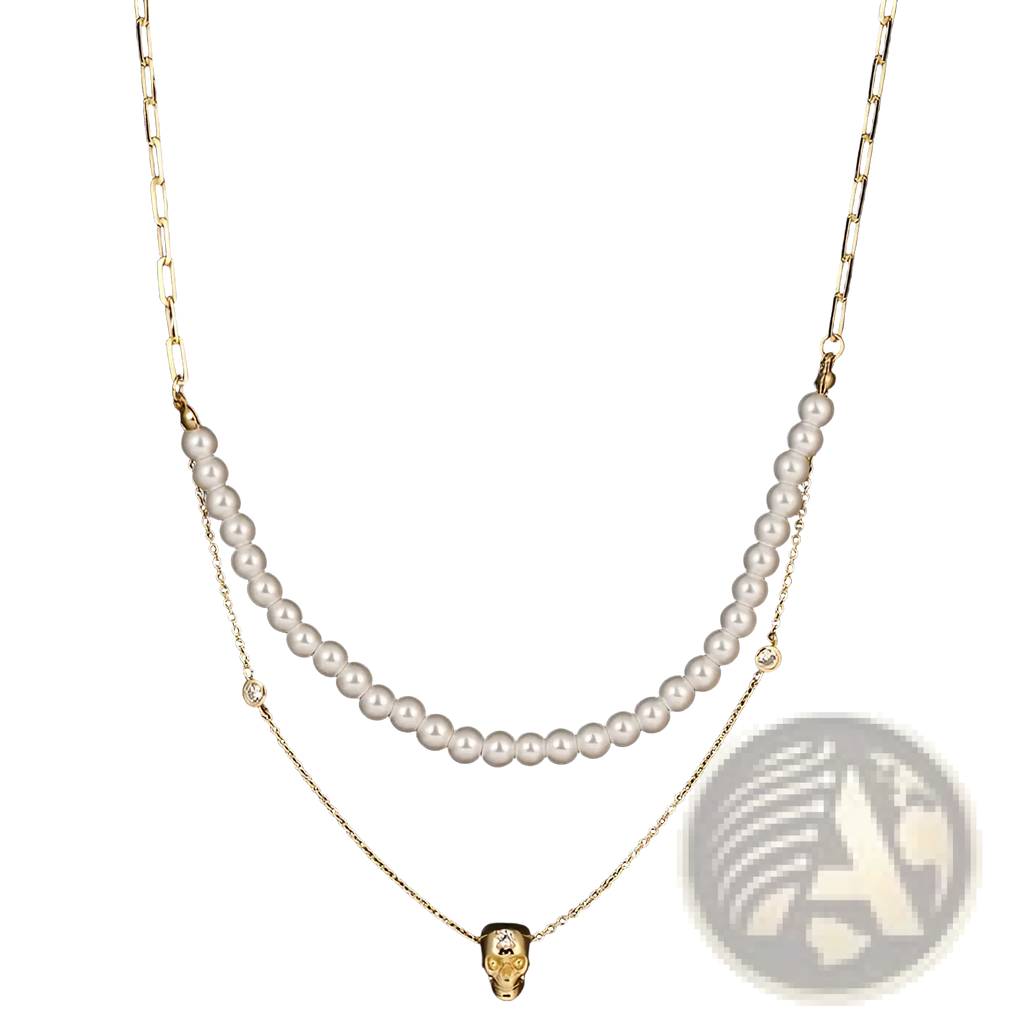 Gold-toned skull pendant punk zirconium y-shaped necklace set with two strands of white pearls and delicate chain links