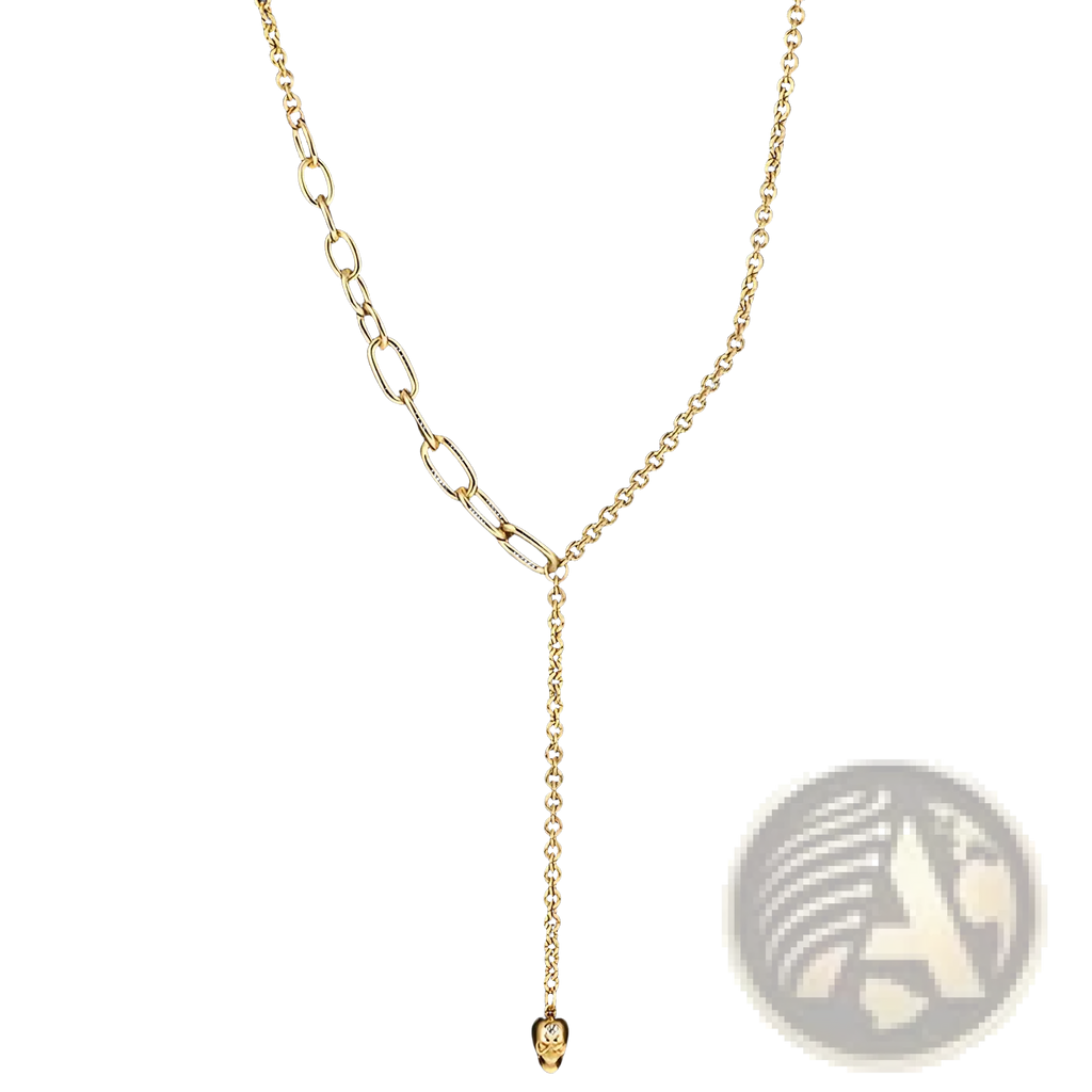 Gold-toned punk zirconium skull y-shaped chain necklace with alternating oval and circular links ending in skull pendant