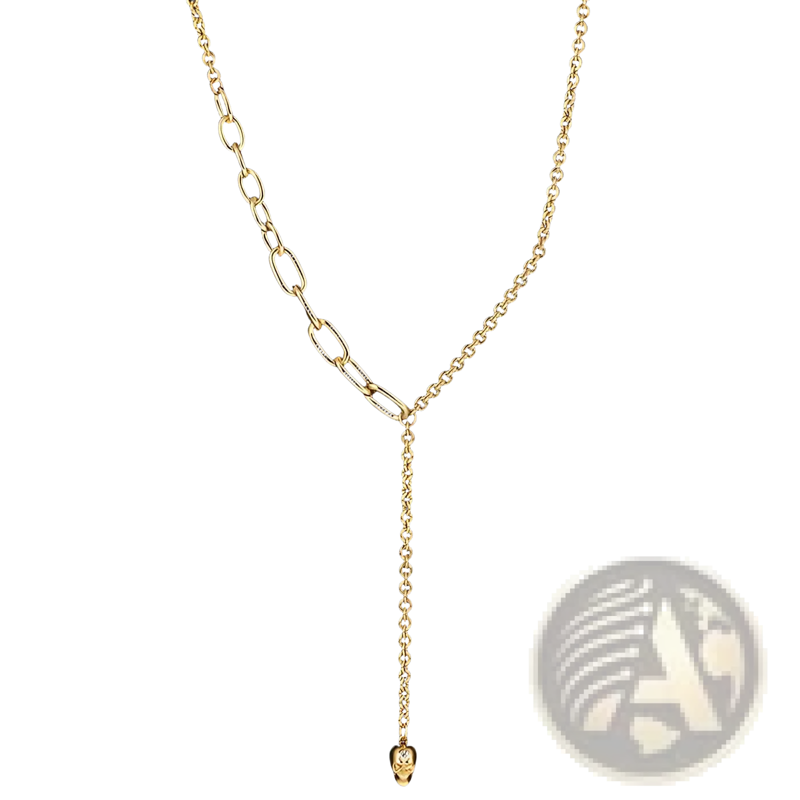 Gold-toned punk zirconium skull y-shaped chain necklace with alternating oval and circular links ending in skull pendant