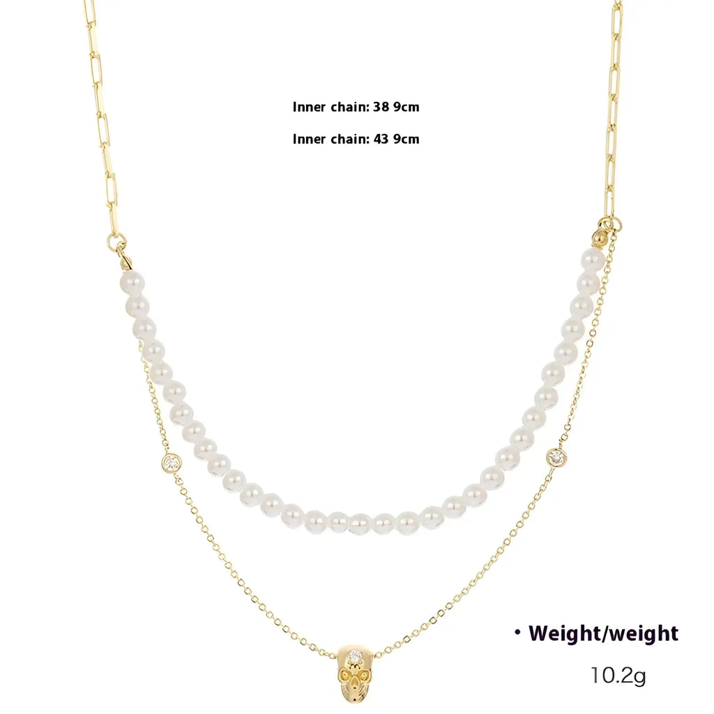 Gold-toned punk zirconium skull y-shaped necklace set with double layers featuring white pearls and delicate chains