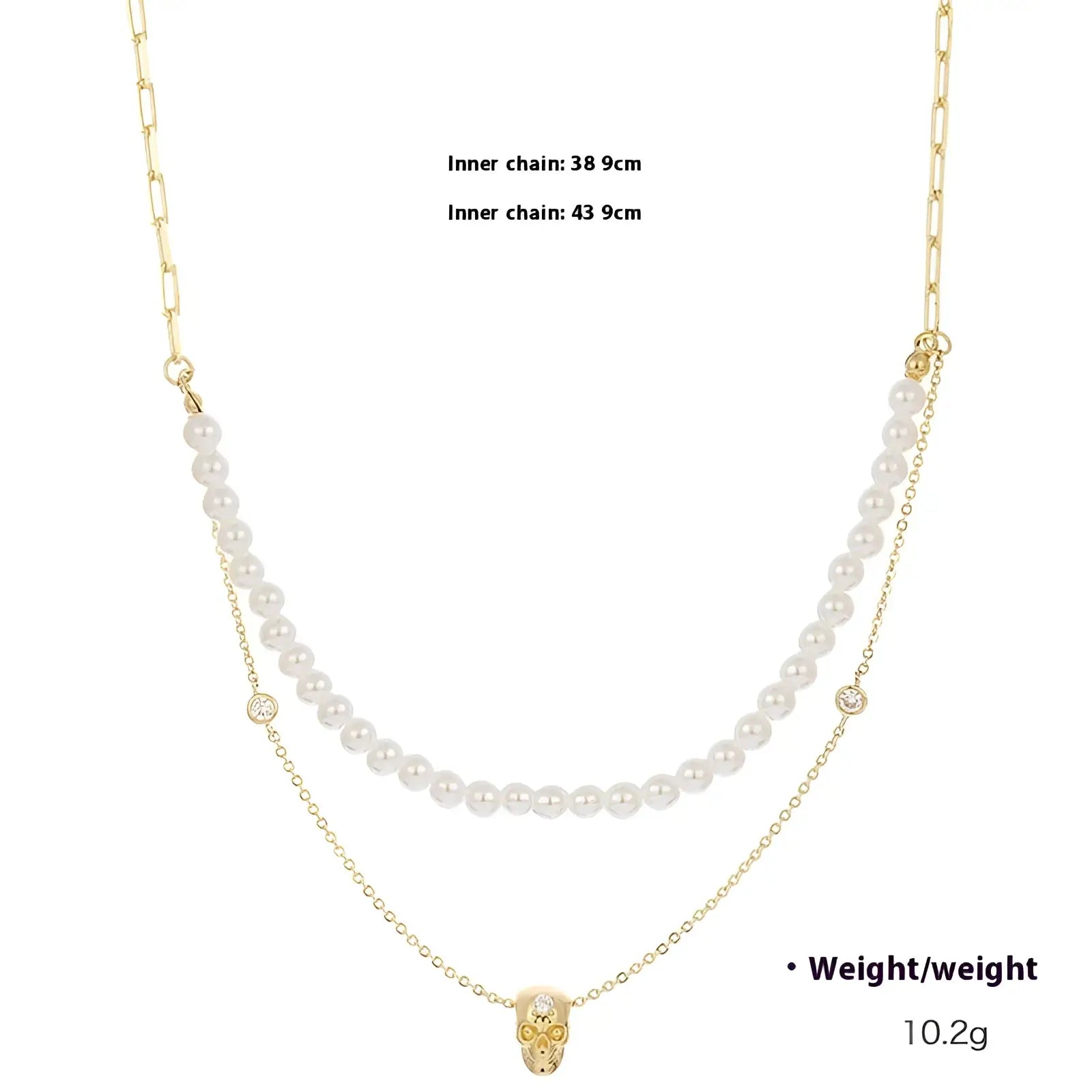 Gold-toned punk zirconium skull y-shaped necklace set with double layers featuring white pearls and delicate chains
