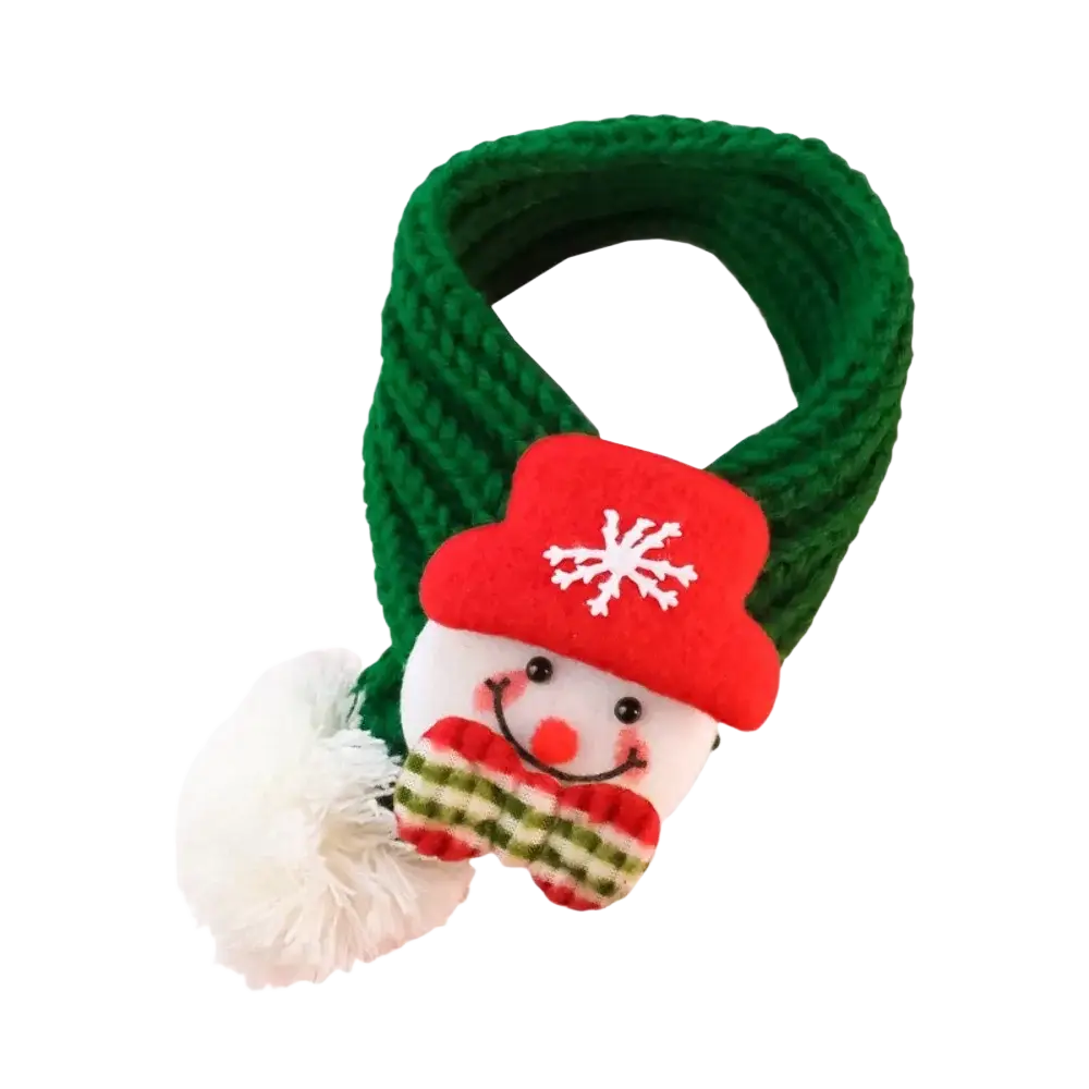 Green knitted fleece puppy kitten christmas scarf featuring red hat with white pom pom and striped detailing