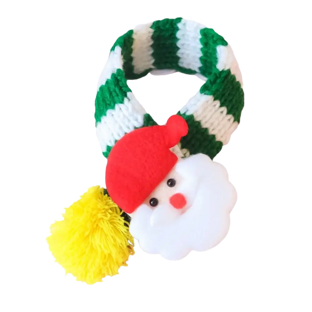 Green and white striped knitted fleece puppy kitten christmas scarf with red santa hat white beard charm and yellow pom-pom