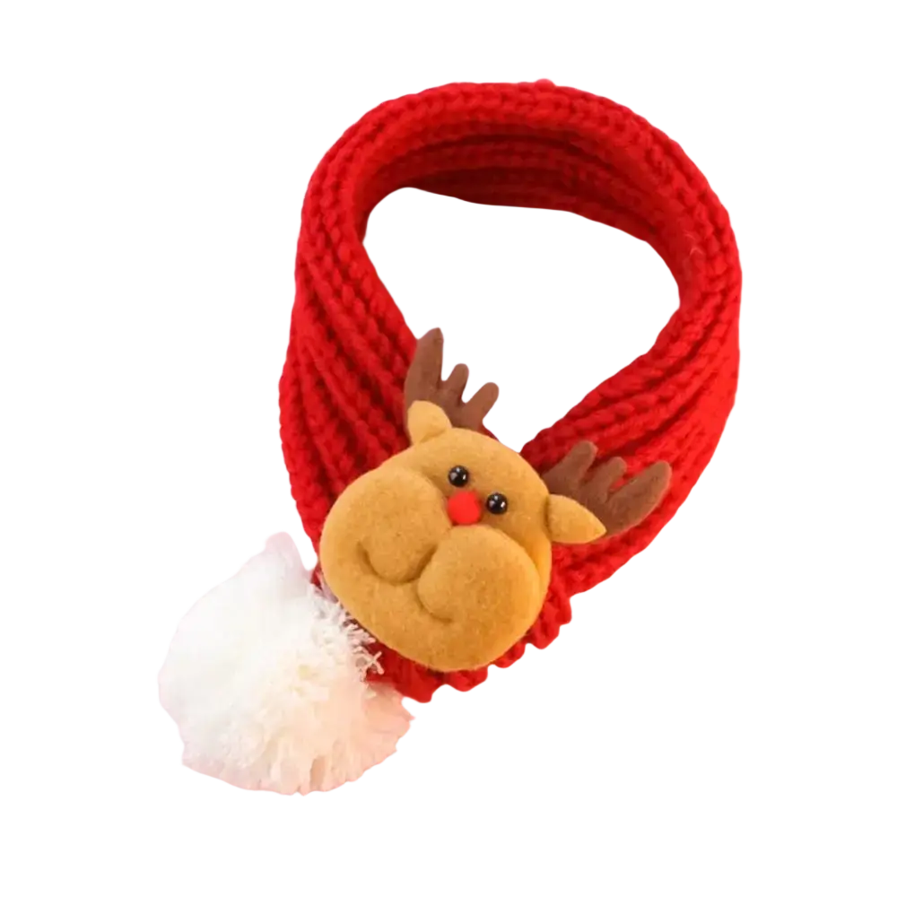 Red knitted fleece puppy kitten christmas scarf with plush reindeer charm and white pom-pom for pets