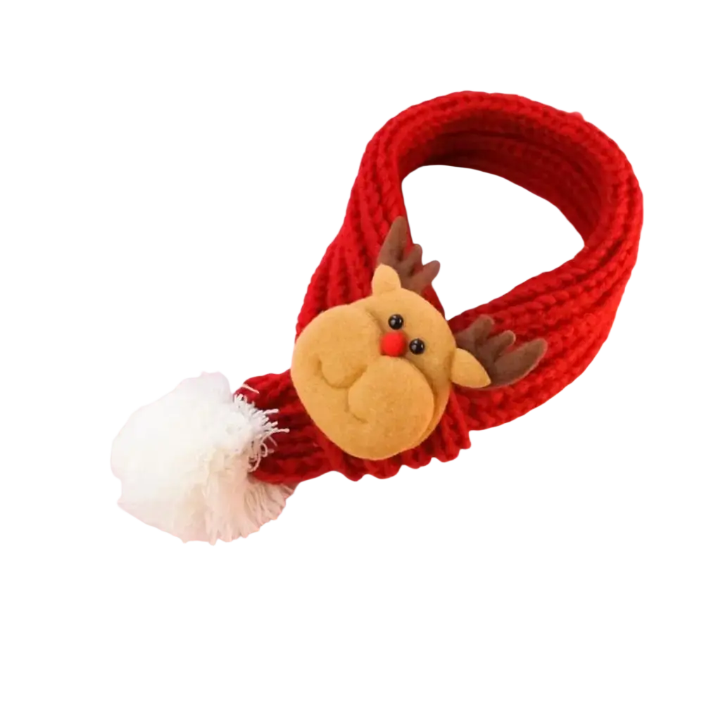 Red knitted fleece puppy kitten christmas scarf with plush reindeer face and white pom-pom for pets