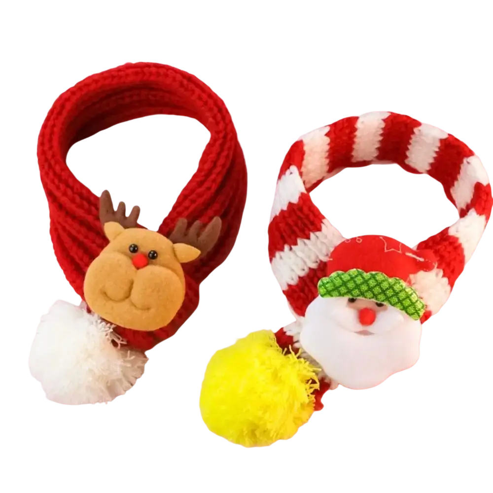 Red knitted fleece puppy kitten christmas scarf with plush reindeer charm and white pom-pom for pets