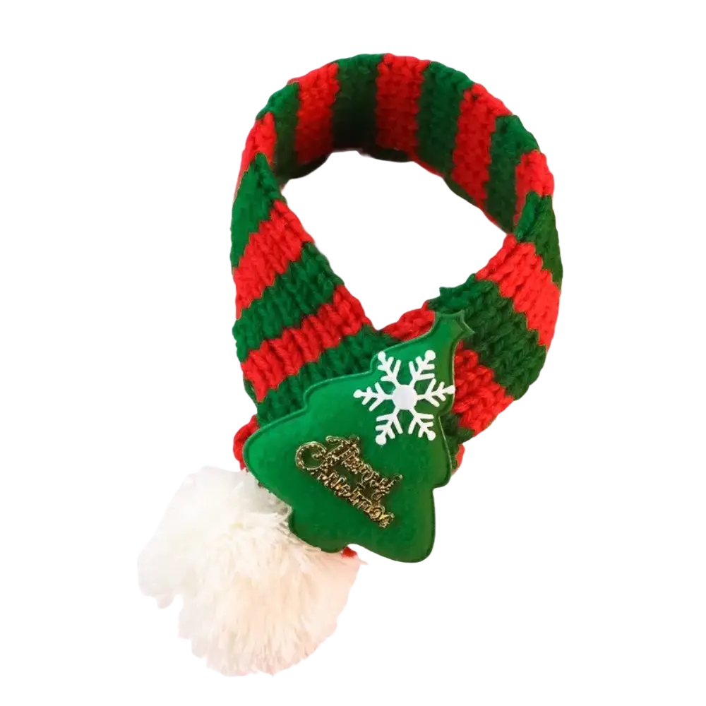 Red and green striped knitted fleece puppy kitten christmas scarf with festive tree charm and white pom-pom accessory