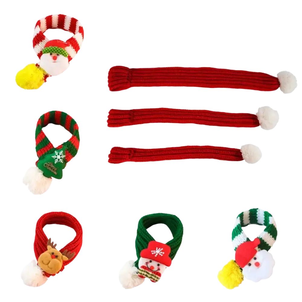 Red and green striped knit puppy kitten christmas scarf with plush snowman charm made of fleece pet apparel