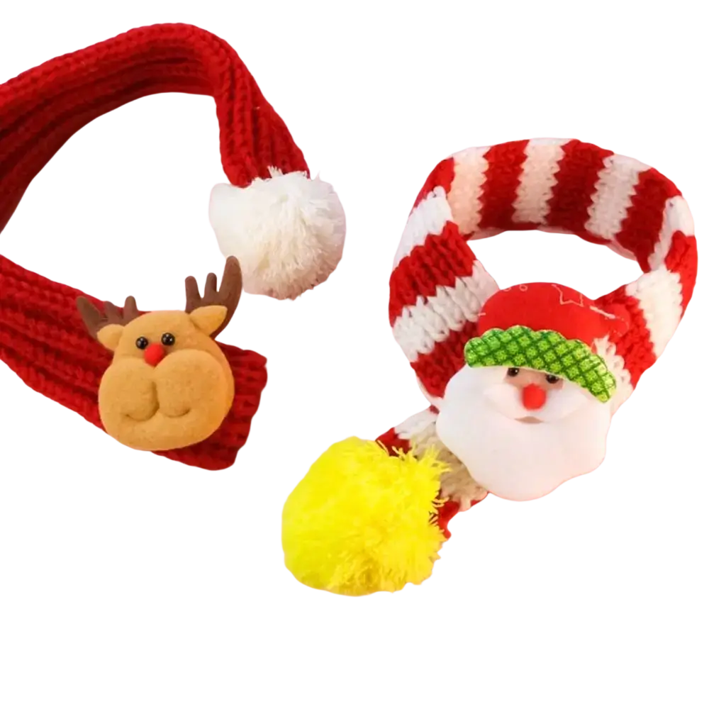 Red and white striped knitted fleece puppy kitten christmas scarf with plush santa claus face and yellow pom pom