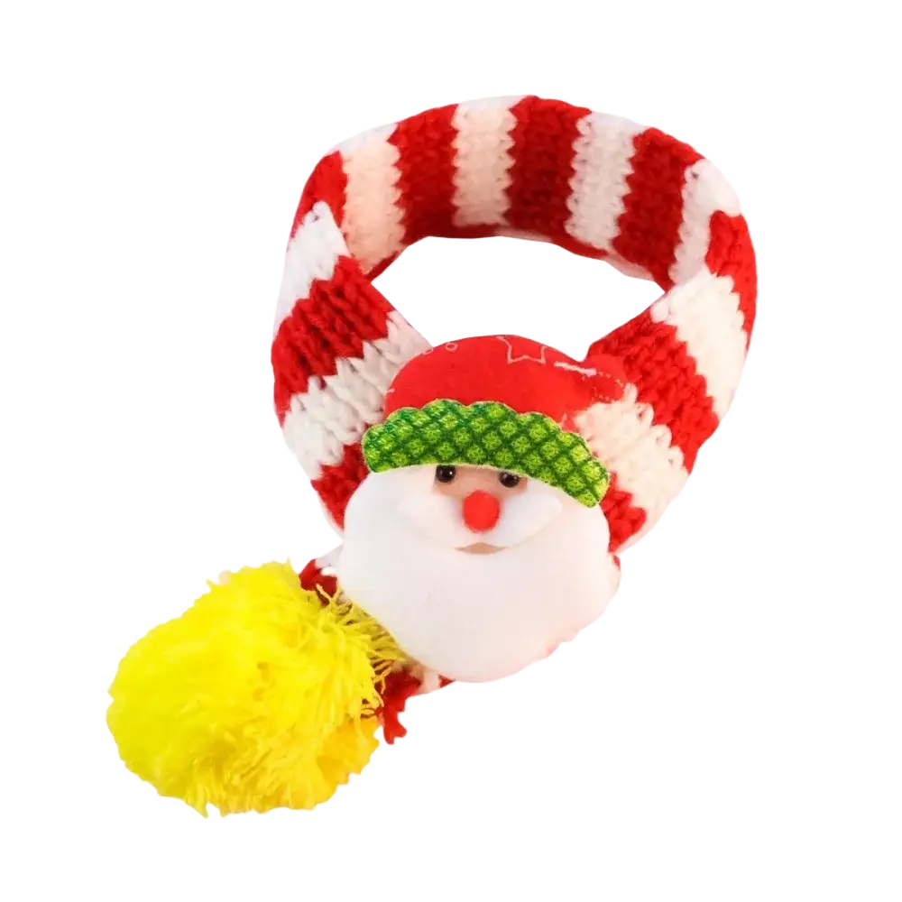 Red and white striped knitted santa claus scarf with green hat and yellow pom-pom for puppy kitten christmas use
