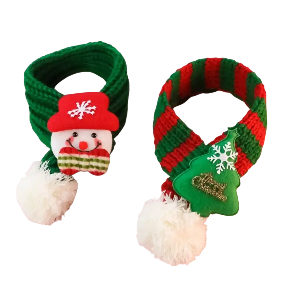 Two festive knitted fleece puppy kitten christmas scarves featuring a red snowman and green christmas tree charm