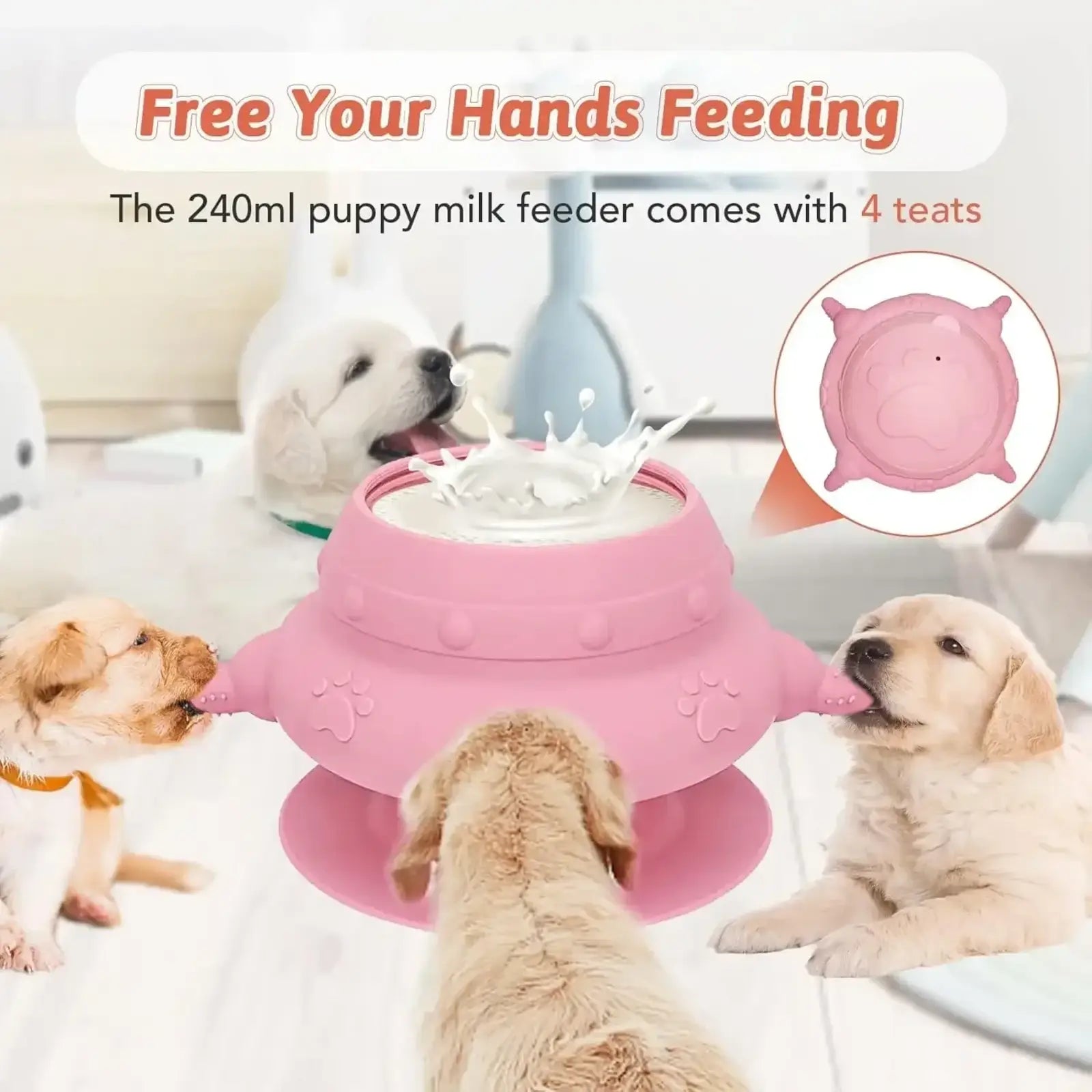 Pink silicone puppy milk feeder bowl with four teats and paw print design for feeding puppies