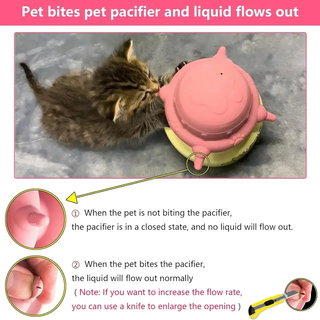 Pink silicone puppy milk feeder pacifier with yellow base designed to dispense liquid when bitten