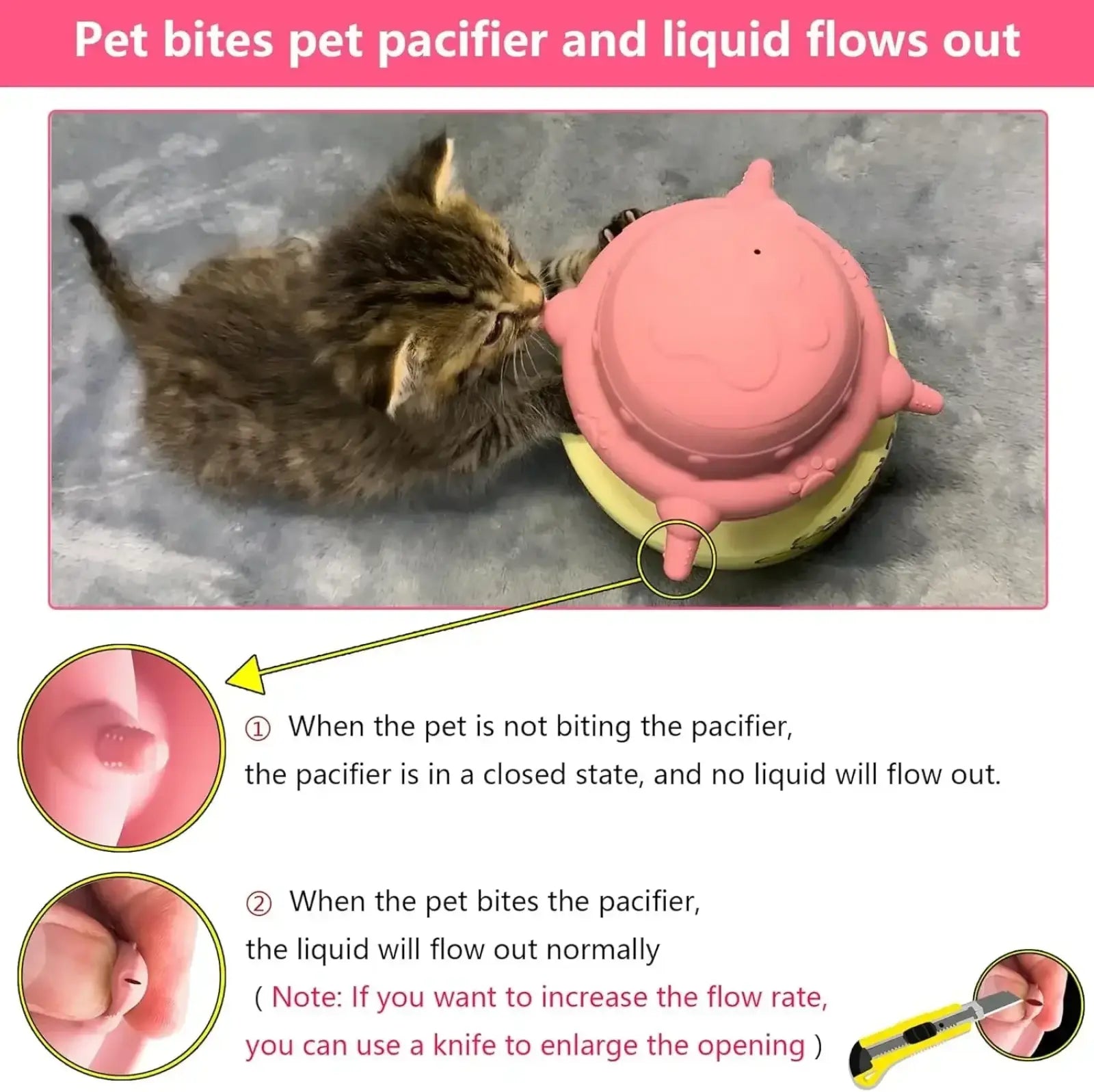 Pink silicone puppy milk feeder pacifier with yellow base designed to dispense liquid when bitten