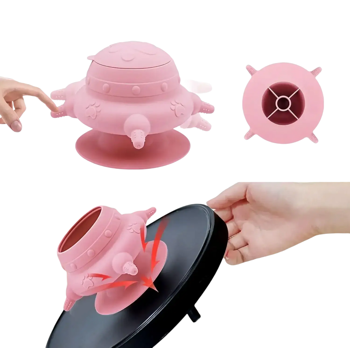 Pink silicone puppy milk feeder ufo shaped bowl with suction cup base and paw print detailing