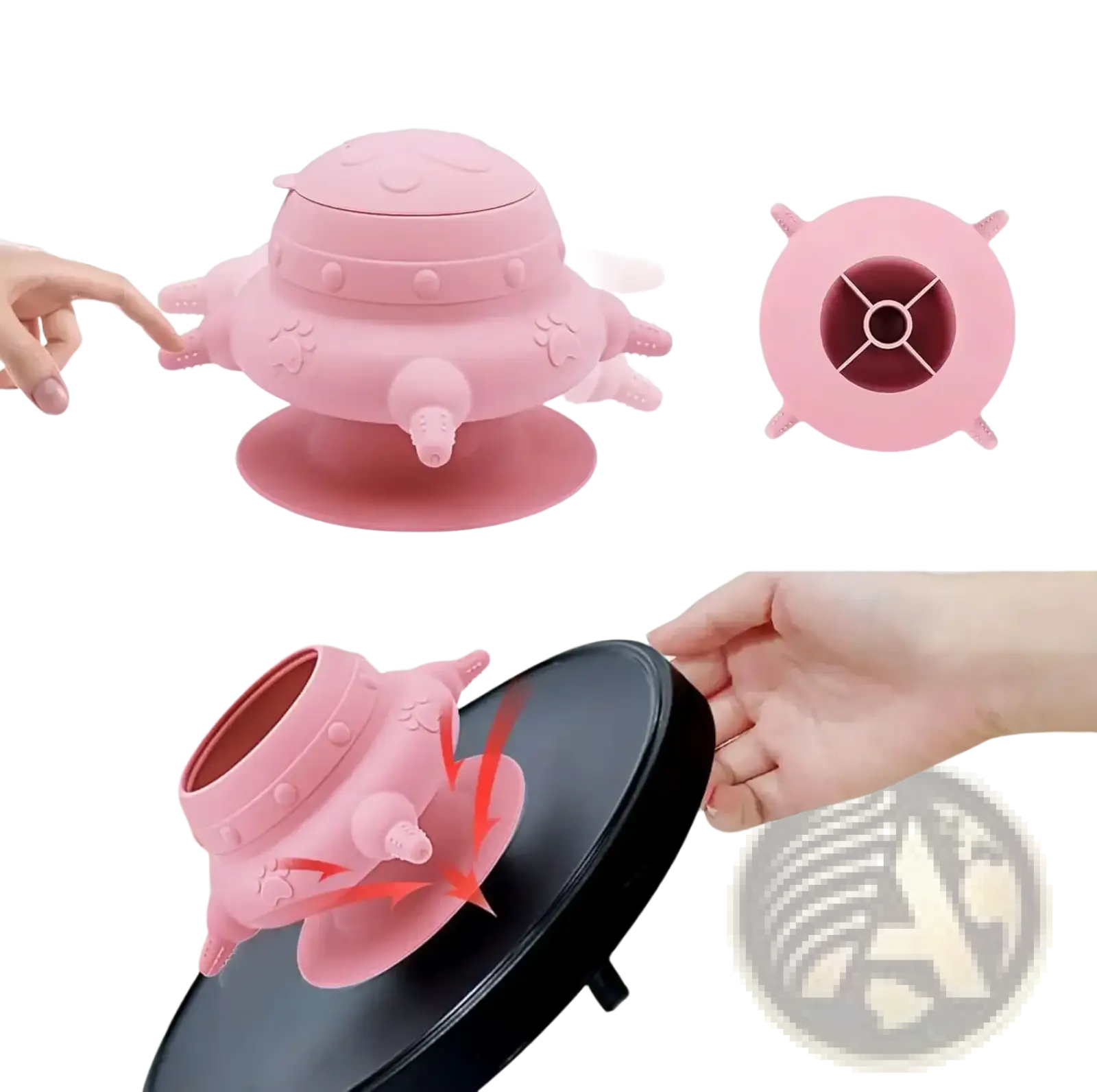 Pink silicone puppy milk feeder ufo shaped bowl with suction cup base and paw print detailing