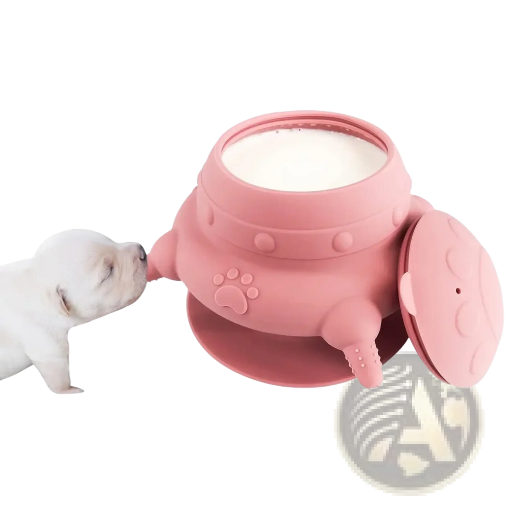 Pink silicone puppy milk feeder bowl with four nipples paw print design and suction base for easy use