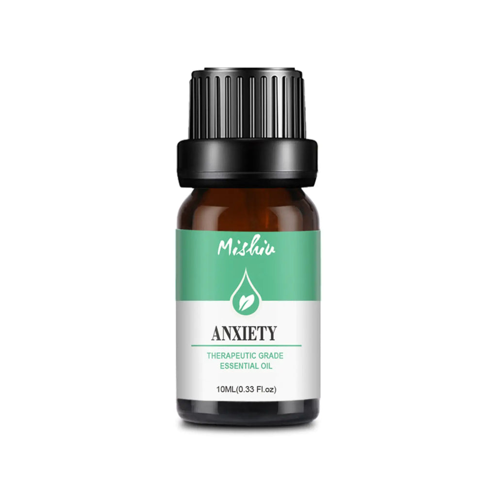 A small amber glass bottle of meishir anxiety therapeutic grade essential oil 10ml for pure aromatherapy use