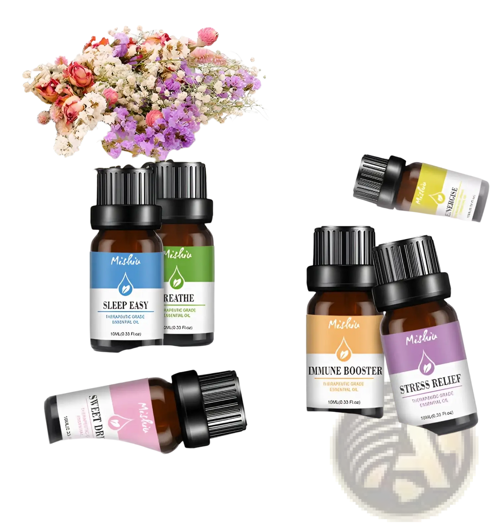 Set of five mishi brown glass bottles with black caps and colorful labels containing 10ml therapeutic essential oils