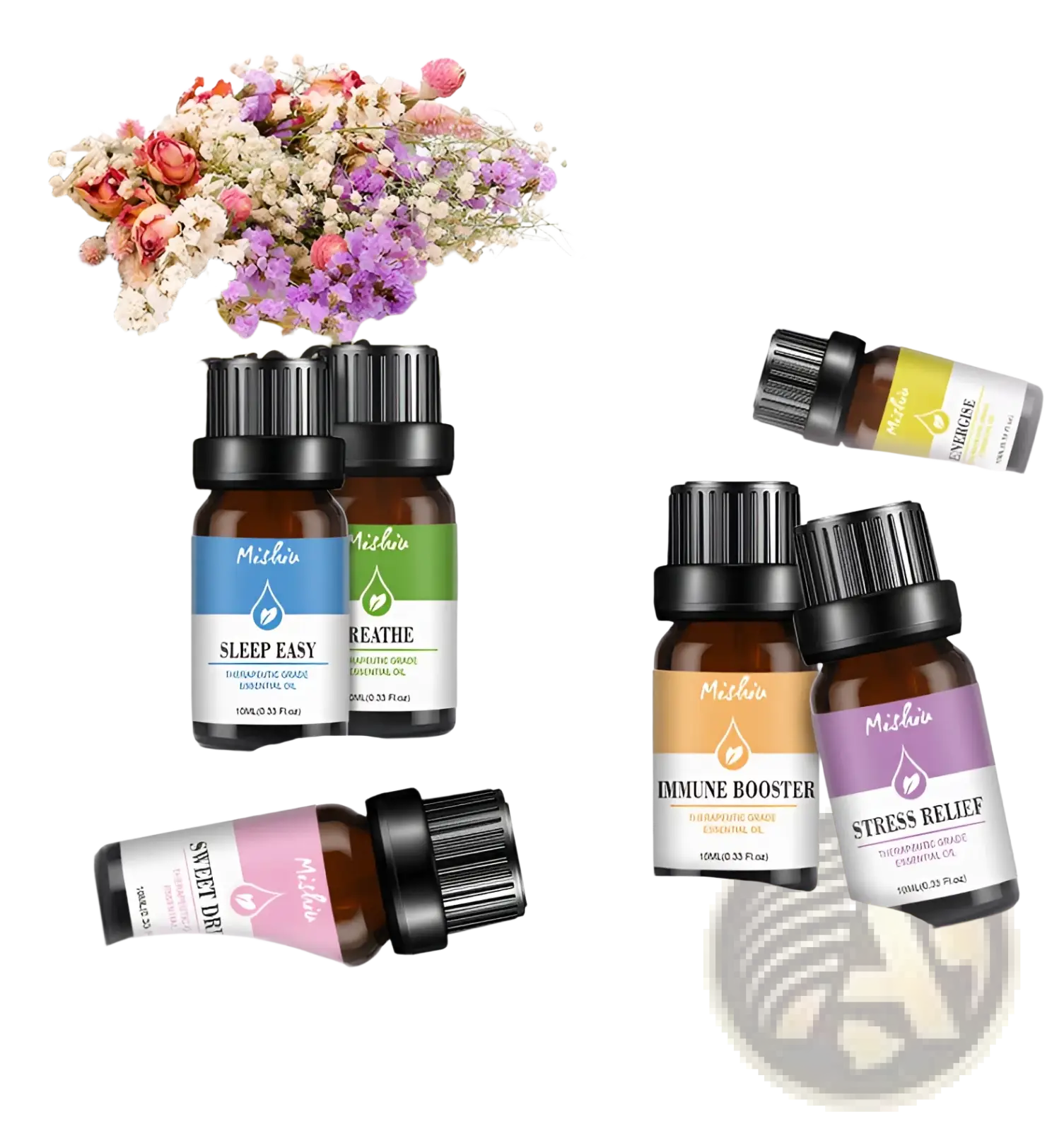Set of five mishi brown glass bottles with black caps and colorful labels containing 10ml therapeutic essential oils